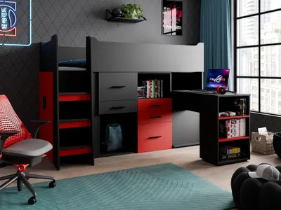 Produktbild von H.R.HOME | Gamingbett FORZA Schwarz Rot mit Schreibtisch Kleiderschrank Regalen Jugendbett
