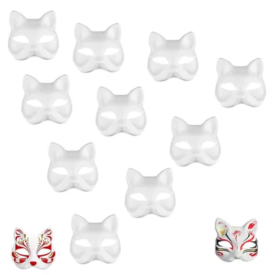 10er Set Katzenmasken zum Bemalen, weiß, DIY, 18,5 x 17,5 cm