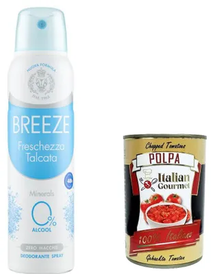 Produktbild von 6x Breeze Freschezza Talcata Deodorante Spray, Talk Talcum Deodorant Spray, 0% Alkohol. 150 ML + Italian Gourmet polpa 400g
