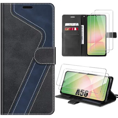 Image de Coque + 2 Verres Trempés pour Samsung Galaxy A56 5G, Anti-Rayures Antichoc Synthécuir - Noir Bleu