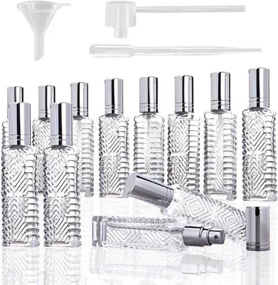 Obrázek produktu pro Skleněné lahvičky s rozprašovačem a šroubovacím uzávěrem, 10 ml, na parfémy a éterické oleje – prázdné, k naplnění, se šroubovacím uzávěrem a pipetovým dávkovačem