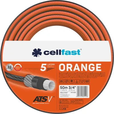 Immagine prodotto di Tubo da giardino Cellfast ATSV™, 5 strati, tessuto a maglia resistente ai raggi UV, 24 bar, pressione di scoppio (3/4", 50 m), colore arancione