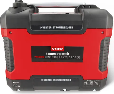 Produktbild von STIER Stromerzeuger Premium SNS-190, Strom Generator, Benzin, 4l Tankvolumen, 21,5 Kg, Stromaggregat, leise: 59 dB(A), 4-Takt Motor, Inverter Stromaggregat, Ölsensor & Eco-Modus, Laufzeit bis zu 6h