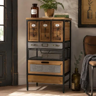 Produktbild von Apothekerkommode HWC-Q77, Schrank Highboard Schubladen Etikettenhalter Industrial Vintage/Shabby Holz Metall 85x46x35cm