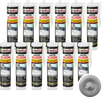 Produktbild von Isolbau Sanitär Silikon 12 x 300 ml Grau - Hochelastischer Silikon-Dichtstoff für Abdichtungen & Fugen – Schimmelresistent, wasserdicht -  Kartusche