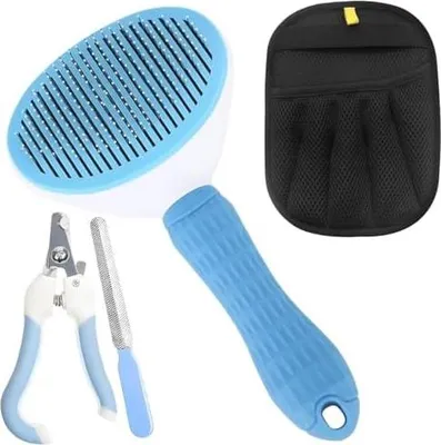 Produktbild von 3 Stück Haustier Reinigungswerkzeuge, Doppelseitiger Tierhaarentferner Handschuh, Blauer Kamm und Nagelschneider, für Entfernt Hunde Fell von Sofa, Teppich, für Tierpflegeprodukte