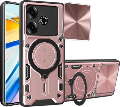 Produktbild von Handyhülle für Tecno Pova 6 Pro Dual-Layer Stoßfest Rüstung Hülle mit Dia Kameraschutz und Kreisförmig Ring Ständer Roségold