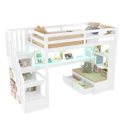 Produktbild von 90x200 Hochbett mit Schreibtisch, Regalen, zwei integrierten Schubladen und Stauraumtreppe, multifunktionales Jugendbett mit Arbeitsplatz, Weiß