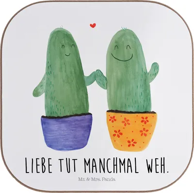 Produktbild von Mr. & Mrs. Panda Tassen Untersetzer Kaktus Liebe - Weiß - Geschenk, Coaster, Tischuntersetzer, Liebesbotschaft, Love, für Gläser, Getränkeuntersetzer, gläseruntersetzer