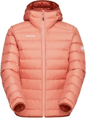 Hüftlange; rosa isolierte Jacke mit Kapuze für Damen von Mammut; geeignet für Outdoor-Aktivitäten.