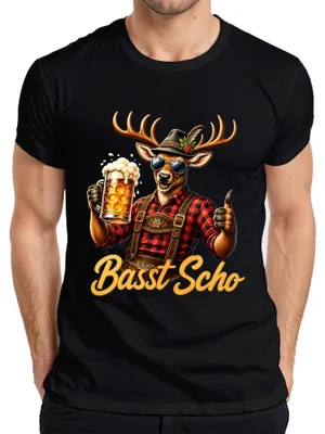 Immagine prodotto di Pantaloni da uomo in pelle "Basst Scho Hirsch", ideali per l'Oktoberfest, stile tradizionale bavarese, con motivo "Wiesn", disponibili anche come abito tradizionale "Dirndl" per donna. T-shirt da uomo, colore nero, taglia XL