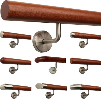 Produktbild von TIBU Mahagoni Holz Handlauf Geländer 0,3m - 5m, Länge 370 cm, Ende gefast und 5 gewinkelte Halter