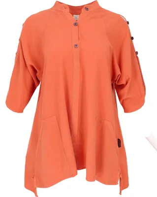 Produktbild von Bequeme Baumwoll-Tunikabluse mit Kokosknöpfen, Maxibluse, Longbluse - Orange, Damen, Baumwolle, Größe: S/M