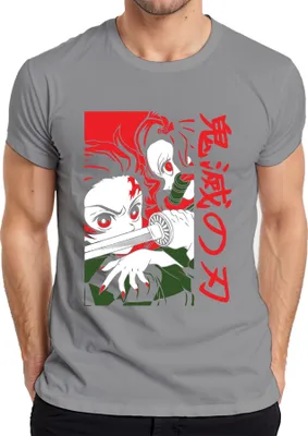 Zdjęcie produktu dla Koszulka męska Kimetsu no Yaiba Nezuko Katana Anime Manga Japan Gift Cosplay, szary, S