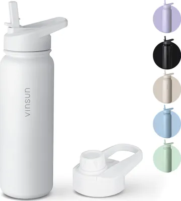 A white insulated water bottle with a straw lid is shown, along with a separate lid. To the right, there are circular swatches showing the bottle in various colors.