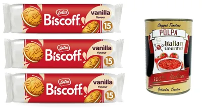 Produktbild von Lotus Biscoff Biscotto Sandwich con Ripieno al Gusto Vaniglia Sandwichkeks mit Vanillefüllung | 15 Kekse pro Packung 3 x 150 g+ Italian Gourmet polpa 400g