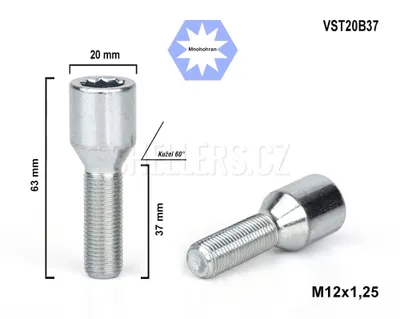 Obrázek produktu pro Kolový šroub M12x1,25x37 kužel s vnitřním mnohohranem, VST20B37, průměr hlavy 20mm, výška 63 mm