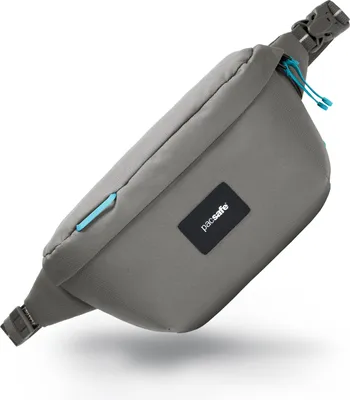 A grey sling bag with blue accents is shown against a white background.