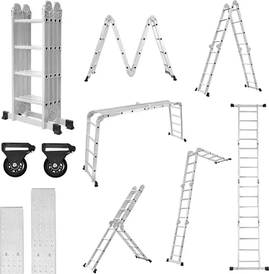 Produktbild von ACXIN Mehrzweckleiter aus Aluminium, ausziehbar & klappbar, 4.7m, 4x4 Stufen, Gerüst-, Treppen- & Stehleiter, inkl. 2 Arbeitsplattformen, 150 kg Tragkraft, für Haus, Garten & Baustelle