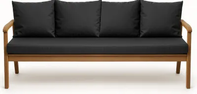 A front view of a wooden outdoor sofa with black cushions.