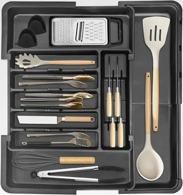 Produktbild von Besteckkasten für Schubladen, Erweiterbarer Besteckeinsatz für Schubladen mit Vier Seiten, Verstellbarer Besteckhalter, Schubladeneinsatz Besteckeinsatz mit 2 Messerhaltern, Schwarz