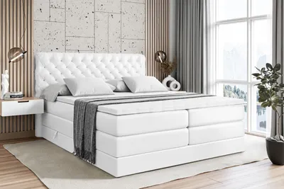 Produktbild von ALTDECOR Boxspringbett mit 2 Matratzen und Topper - 180x200 cm - BOXI8 KING - Weiß Kunstleder - Polsterbett mit, H3- und H4- Matratzen, Bettkasten und Lattenrost, Bett mit Stauraum