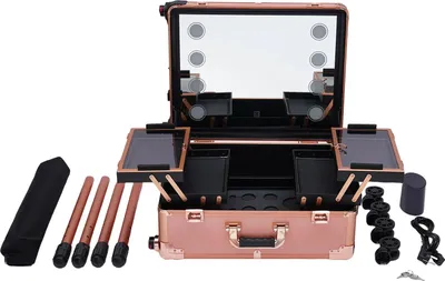 Produktbild von Professioneller Kosmetikkoffer - Trolley mit Rollen - LED-Beleuchtung - Große Kapazität - Organizer-Fächer - Aluminiumlegierung - Roségold