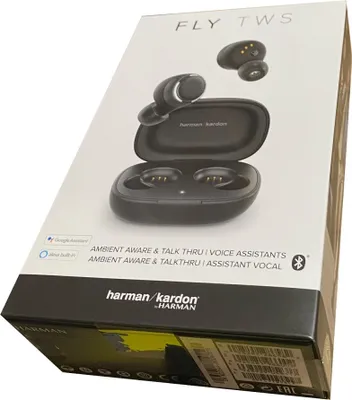 The image shows the retail packaging of Harman Kardon Fly True Wireless IE Headphones.