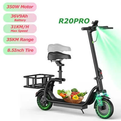 Produktbild von R20Pro E-Scooter mit Sitz - Elektroroller - 350W Motor - 36V 9Ah Lithium-Akku - Reichweite bis 35 km - Max 31 km/h - 21,5 cm Räder - Klappbar mit Korb