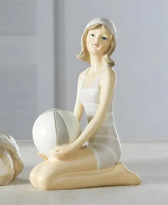 Image de Figurine de décoration "Dame de plage avec ballon", maritime, en polyrésine, figurine de plage nostalgique, baigneuse, décoration de jardin extérieure
