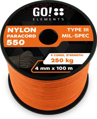 Produktbild von GO!elements 100m Paracord Seil aus reißfester Nylonschnur - 4mm Paracord 550 Typ III Schnur - geeignet als Allzweckseil & Reepschnur - Max. 250kg, Farbe: Orange