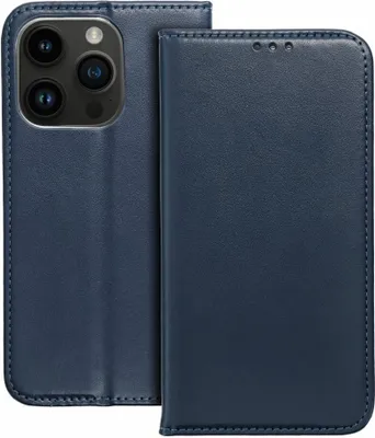 A blue flip case for a smartphone is shown, with the phone partially visible inside.