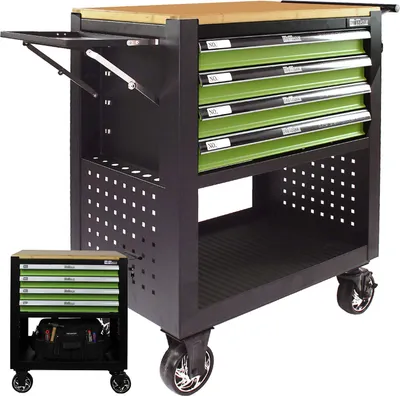 A black rolling tool cart with green drawers and a wooden top, shown against a white background. A smaller inset image shows the same cart with tools in the bottom shelf.