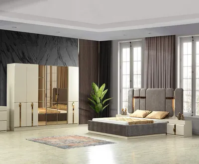 Produktbild von Elegantes Schlafzimmermöbelset: Bett, 2 Nachttische und Kleiderschrank