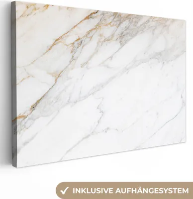 Produktbild von MuchoWow® - Leinwandbilder - Marmor - Stein - Weiß - Gold - Marmoroptik - Stein - Luxus, Wandbild, Wanddeko Bilder Wohnzimmer, 90x60 cm