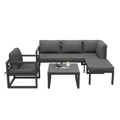 Produktbild von Seil-Gartenmöbel-Set, Garten-Lounge-Set, Ecksofa mit verzinktem Eisengestell, verstellbare Beine, inklusive aller Sitz- und Rückenkissen,grau