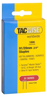 Zdjęcie produktu dla Tacwise 0284, zszywki typu 91/20 mm, ocynkowane, do zszywaczy, 1000 sztuk