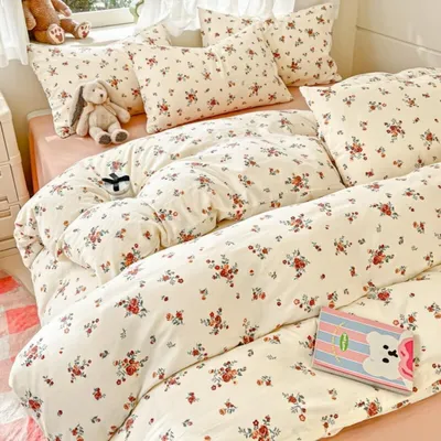 Produktbild von Bettwäsche Set 155x220 cm Beige Blumenmuster mit Kissenbezug 80x80 cm Mikrofaser