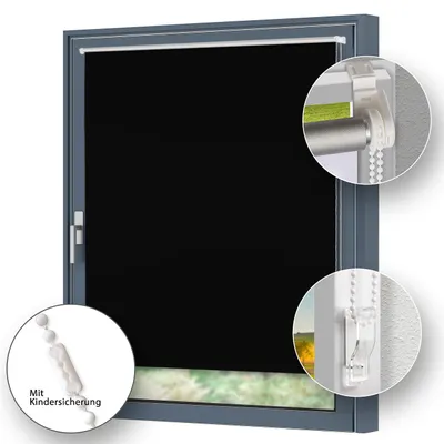 A black blackout roller blind installed in a window frame, with close-up insets showing the mounting mechanism and child safety feature.