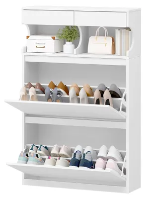 Produktbild von Schuhschrank, Schuhregal Schuhkipper Schmal, Verstellbar, Schuhkommode für Eingang, Flur, Garderobe, 16 Paar, 2 Klappen (80 cm), Weiß