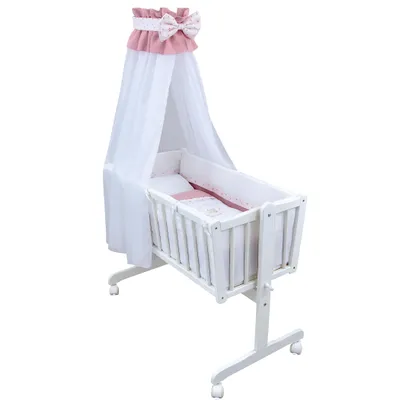 Produktbild von Baby-Delux Wiege Schaukelwiege Babywiege Weiß 90x40 cm Bettset Komplett Musselin Wiegenset Teddy Mond Rosa