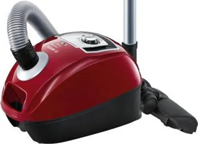 A red Bosch vacuum cleaner against a white background.