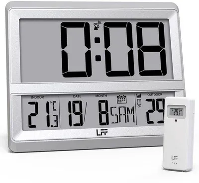 Produktbild von Digitale Wanduhr mit großem Display, drahtlose Außensensor, Temperatur- und Datumanzeige, batteriebetrieben, Radiosteuhr mit Alarm für das Schlafzimmer, silber