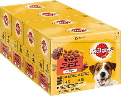 Produktbild von PEDIGREE® Portionsbeutel Multipack Adult Gemischte Selektion in Gelee 4 Varietäten mit Huhn, Rind+Leber, Geflügel, Lamm+Leber 4 x 12 x 100g