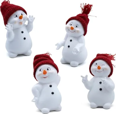 Four decorative snowmen figures with red hats against a white background.