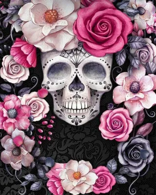 A watercolor painting of a sugar skull adorned with a bouquet of various flowers.