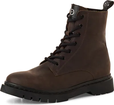 A single brown boot with black laces and sole, presented against a white background.
