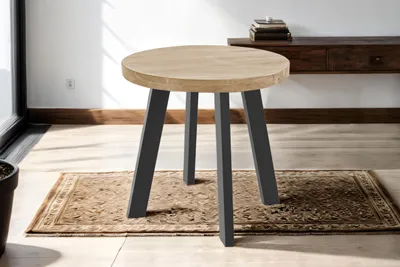 Produktbild von Runder Esszimmertisch 80 cm Sophia, Akazienholz massiv, Esstisch naturfarben, 4-Fuß-Gestell aus Metall schwarz, Holztisch im Industrial-Stil, aufgedoppelte Tischplatte 50mm (25+25mm)