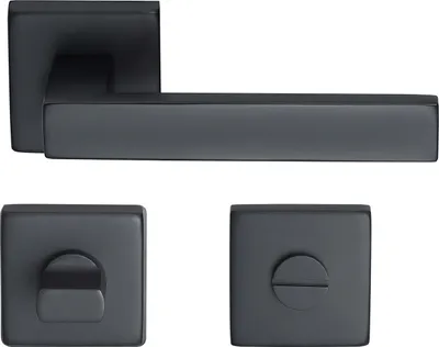 A set of black door hardware, including a door handle and two escutcheons, displayed against a white background.