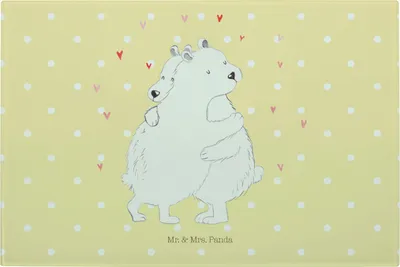 Produktbild von Mr. & Mrs. Panda Glas Schneidbrett Eisbär Umarmen - Gelb Pastell - Geschenk, Hackbrett, schneidunterlage, Schneidebrett, Aus, Lustige Sprüche, Schneidplatte